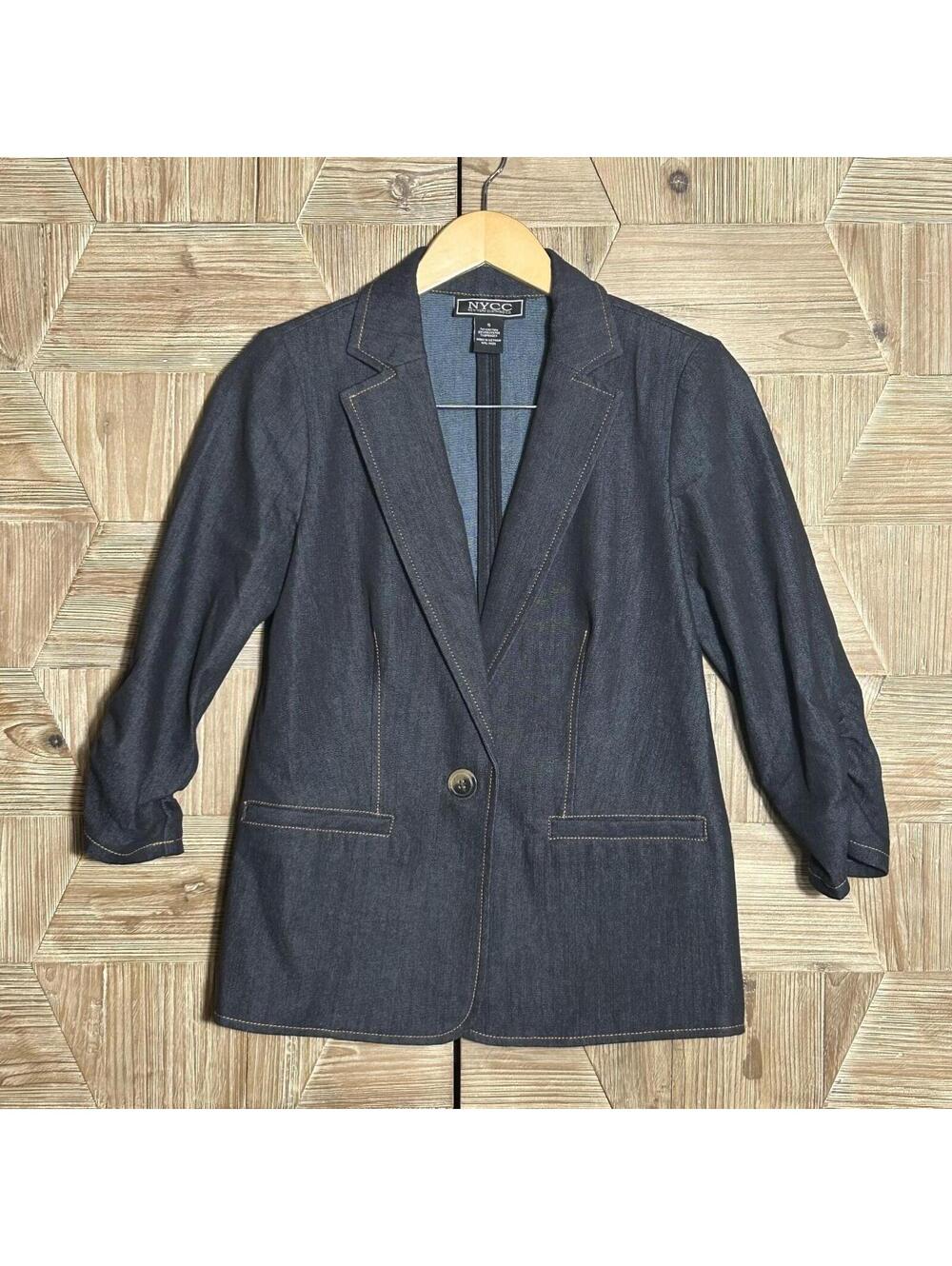 NY&C Dark Wash Denim Blazer Small Single Button Ruched Sleeve Tailored Jacket
